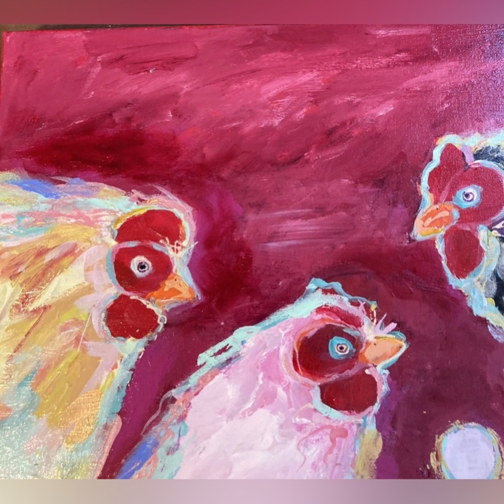 Three Chickens And An Egg””An Acrylic Original Painting 16”x12” On Canvas - Picture 11 of 14